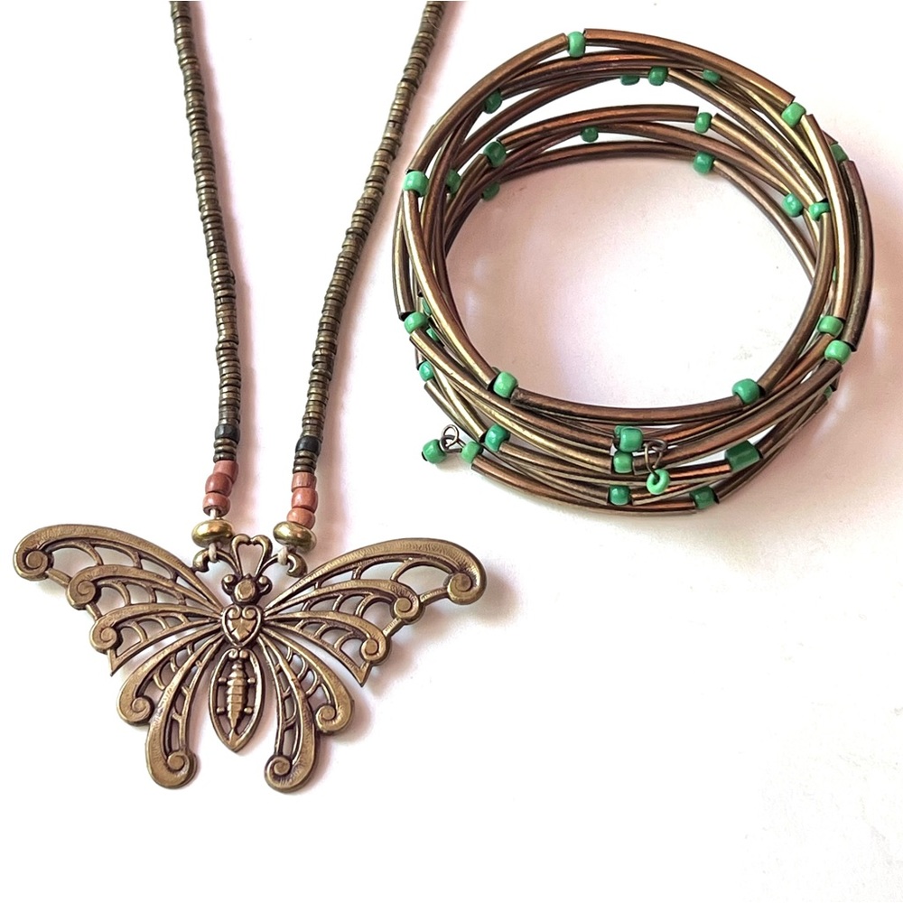 Laurel Burch Butterfly Necklace Wrap Bracelet Brass Turquoise Beads Boho Set